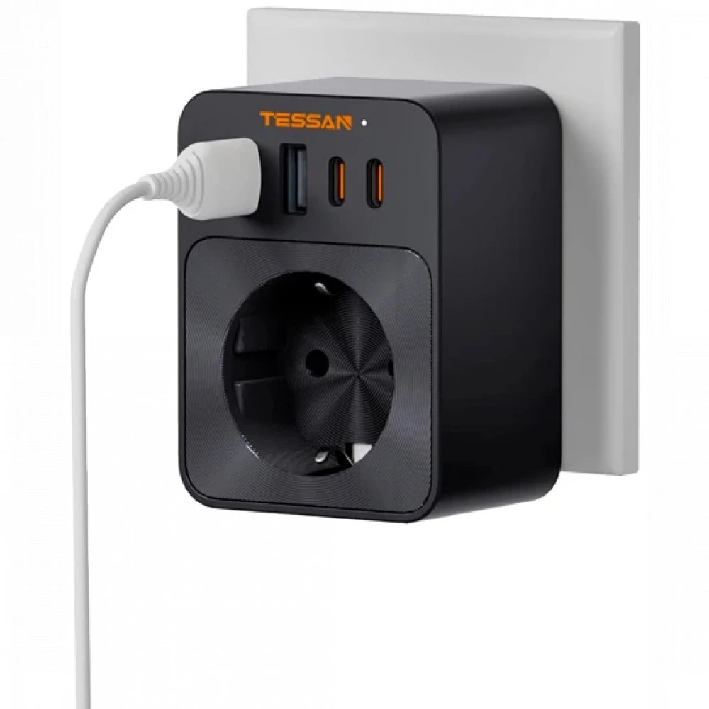 Сетевой фильтр Tessan TS-FW01DE00, 1 розетка, 2хUSB, 2хUSB Type-C, Black