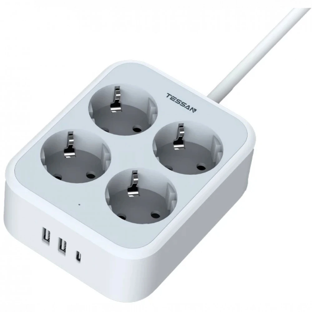 Сетевой фильтр Tessan TS-PS01DE00, 4 розетки, 2хUSB, USB Type-C, 2м, Grey
