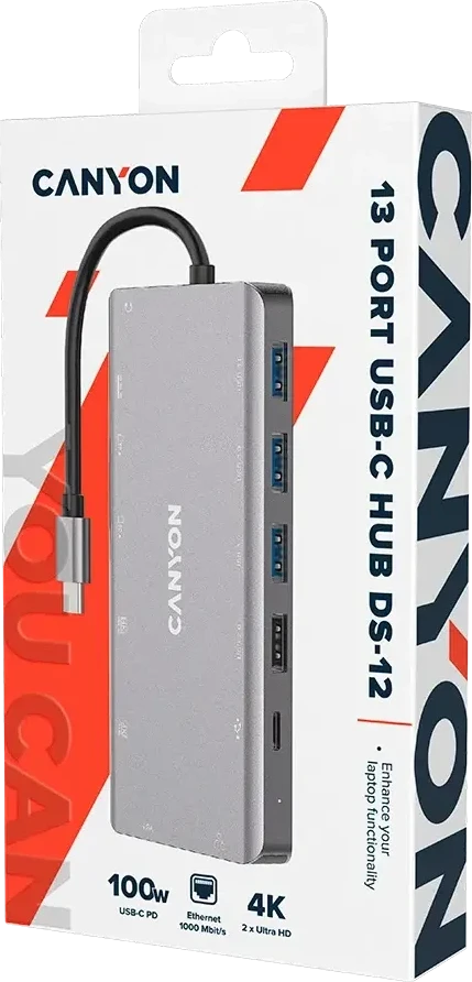 PoE-инжектор CANYON hub DS-12 13in1 4k USB-C Dark Grey