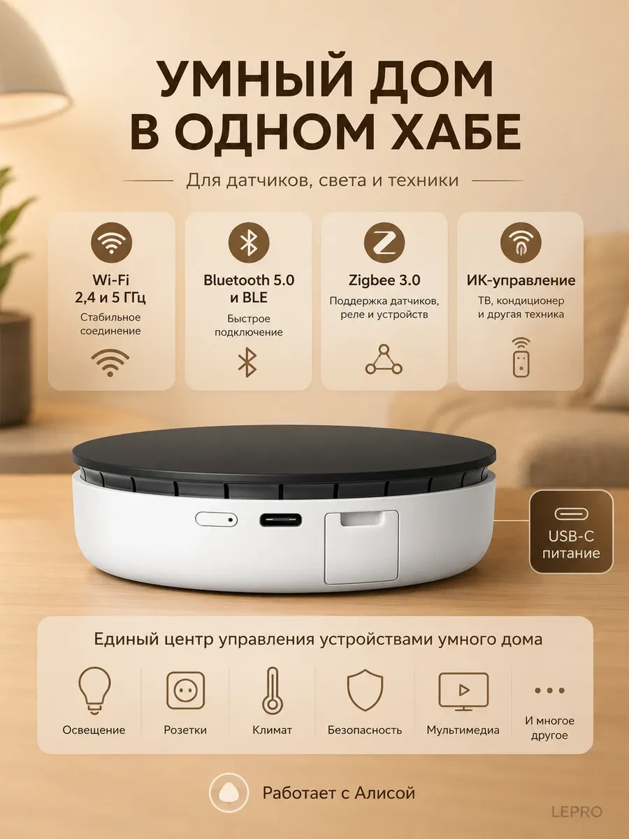 Устройство для умного дома Hub Yandex YNDX-00510, Wi-Fi, USB-C, Bluetooth 5.0 — 2