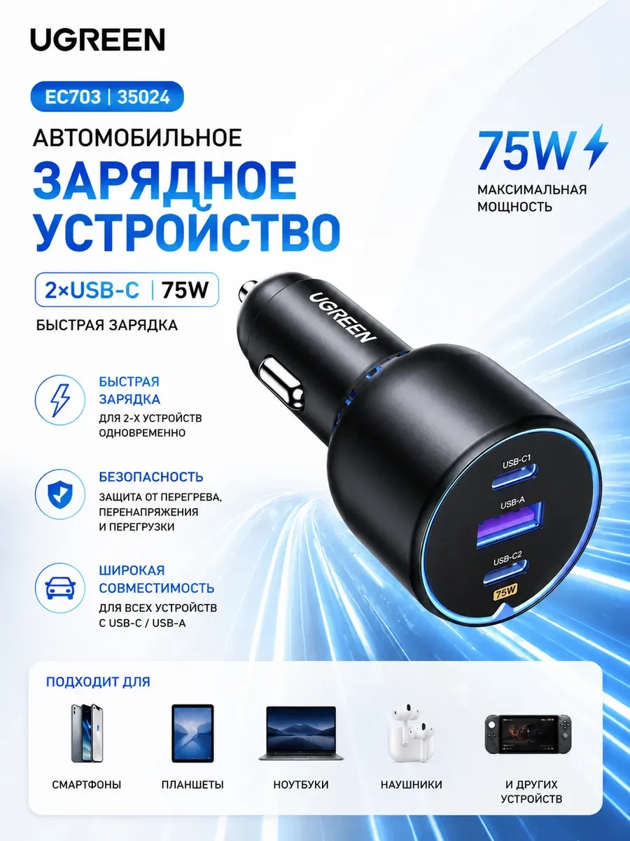 Автомобильное ЗУ Ugreen EC703 2*USB-C PD+USB-A 75W Fast Car Charger, 35024