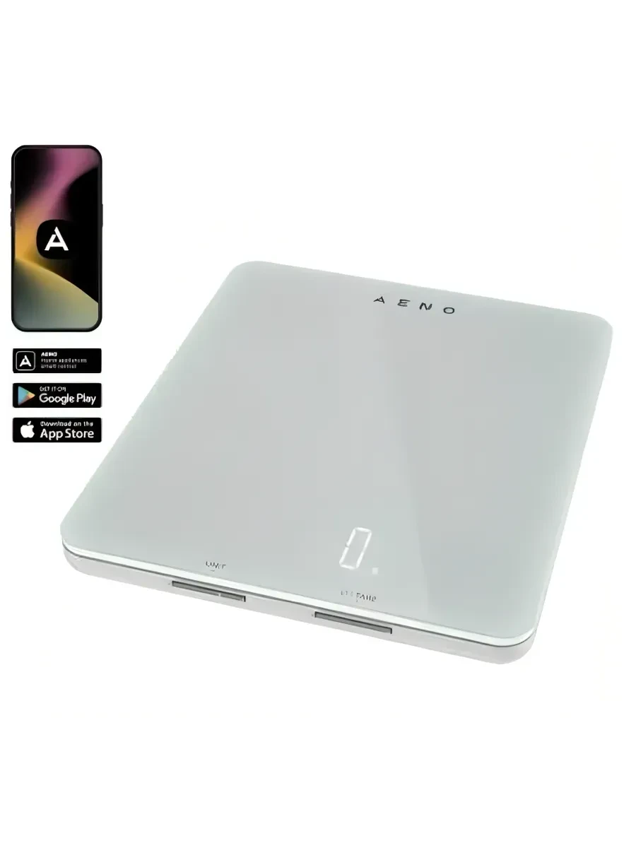 Умные кухонные весы AENO KS1S, максимальная нагрузка - 8 кг, Bluetooth, более 10 000 продуктов и блюд, анализ по 25 показателям, режим для кофе, 6 единиц измерения: кг, г, фунты, унции, жидкие унции, мл, материал - стекло. — 3